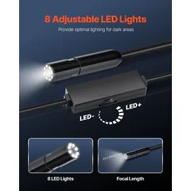 Vevor Endoskopkamera mit Licht, 1920P HD-Endoskop für Android & iOS, Inspektionskamera mit 8 LED-Leuchten & 3 m langem Kabel, 2-facher Zoom
