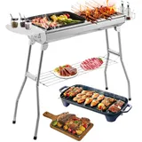 Holzkohlegrill XXL(73 * 28 * 76cm),Tragbarer Kohlegrill, Klappgrill Edelstahl, Outdoor BBQ Charcoal Grill mit Gewürzbrett Aufbewahrungskorb, Standgrilll Grillwagen Kohlegrill Klappgrill
