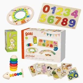 GoKi 6583 Geschenkset Abenteuer Natur – 5-teiliges Lernspielzeug-Set für Kinder ab 2 Jahren mit XL-Lupe, Zahlenpuzzle, Memo-Spiel Bauernhof, Würfelpuzzle Tiere & Fädelspiel Fisch Felix
