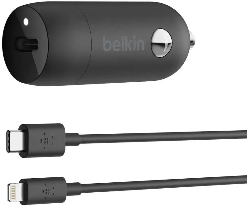 Belkin Boost Charge USB-C-Kfz-Ladegerät, 18 W, 1,2-m-USB-C/Lightning-Kabel (Schnellladegerät für iPhone 12, 12 Pro, 12 Pro Max, 12 mini, 11, 11 Pro/Pro Max, XS, Max, XR, X, 8 Plus, SE, iPad Pro 10,5")