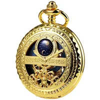 TREEWETO Mechanische Herren Taschenuhr, Sonne und Mond, Skelett, römischen Ziffern, Taschenuhren mit Kette für Herren, Gold