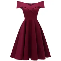 Lazzboy 50s Rockabilly Damen Kleid Baumwolle Schulterfrei Swing Party Festlich(Wein,XL) - XL