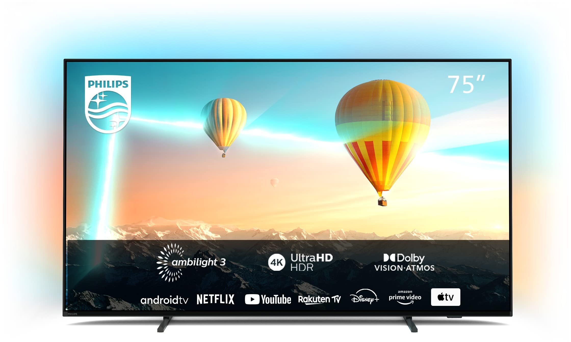 Philips 75PUS8007/12 75 Zoll Smart TV, 4K UHD LED Android TV Mit 3-Seitigem Ambilight, Unterstützung Gängiger HDR-Formate, Dolby Vision Und Dolby Atmos Für Lebendige Filme Und Flüssiges Gaming