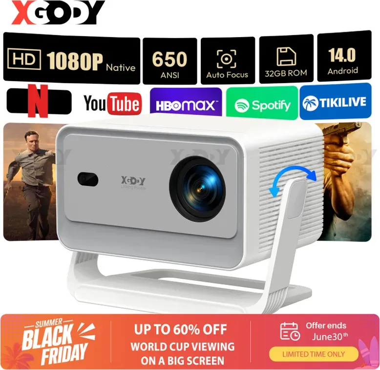 XGODY Gimbal A6 Pro Tragbarer Projektor, unterstützt 8K, native 1080p & 650 ANSI Lumen, Android 14.0, Wi-Fi 6 & Bluetooth 5.4, Autofokus & automatische Trapezkorrektur, 32 GB ROM, Smart-Projektor für Heimkino & Schlafzimmer, kompatibel mit HDMI/USB/Smartphone/PS (Weiß + Grau)