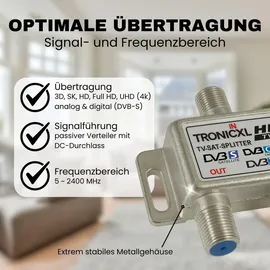 TronicXL 2-fach Sat Splitter DVBC Antennenverteiler Verteiler Weiche Splitter HD TV 4K