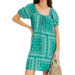 leichtes Damen Sommer-Kleid Tunika-Kleid mit Boho-Print Mini-Kleid 946593 Türkis - 36