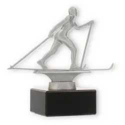 Pokal Metallfigur Skilanglauf silbermetallic auf schwarzem Marmorsockel 13,5cm