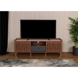 MCW TV-Rack MCW-M48, Lowboard TV-Schrank, Schiebetür 56x150x40cm ~ Walnuss-Optik, Schublade dunkelgrau