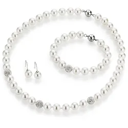 Schmuckset FIRETTI "Multipack Schmuck Geschenk Perlenkette Perlenarmband Perlohrhaken", bunt (silberfarben, weiß, weiß), Schmuck-Sets, Damen, Messing, Perlen, mit Muschelkernperlen und Kristallsteinen