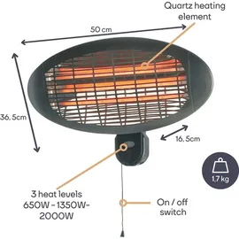 Perel Terrassenheizer Wandmontage, Zugschalter, spritzwassergeschützt, 3 Heizstufen, inkl. Befestigungsmaterial, Metall, Schwarz