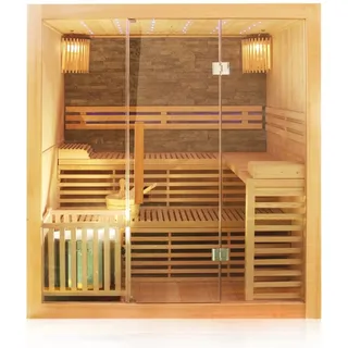 Dewello Finnische Traditionelle Sauna Sarnia Plus 180cm x 140cm 2-4 Personen 6 KW Harvia Ofen Aufguss-Set Hemlock