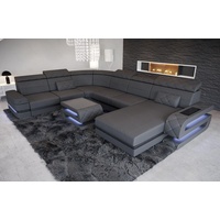Sofa Dreams Wohnlandschaft Ledersofa Bologna XXL U Form Leder Sofa, Couch, mit LED, wahlweise mit Bettfunktion als Schlafsofa, Designersofa grau|schwarz