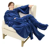 Catalonia Classy Decke mit Ärmeln und Fußtasche Geschenk für Frauen Herren, Flauschig Fleece Tragbare Kuscheldecke mit Ärmeln, Warm Decke zum Anziehen Ärmeldecke Erwachsene, 190 x 135 cm Marine