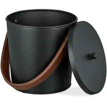 Relaxdays Ascheeimer Eisen 4,5 l mit Deckel und Lederhenkel schwarz/braun