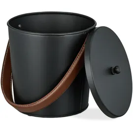 Relaxdays Ascheeimer Eisen 4,5 l mit Deckel und Lederhenkel schwarz/braun