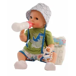 Schildkröt-Puppen Trink + Näßbaby"Finn"40 cm mit Malhaar und blauen Schlafaugen, Kleidung g weiss/grün/blau