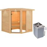 Woodfeeling Karibu Sauna Tabea mit Ofen intergrierte Stg.LED-Dachkranz Natur