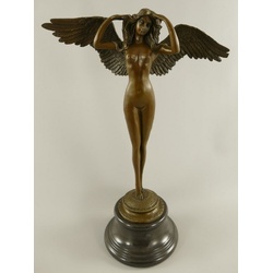 Casa Padrino Luxus Jugendstil Deko Skulptur Engel Bronze / Schwarz 38 x 20 x H. 57 cm - Bronze Figur mit Marmorsockel - Barock & Jugendstil Bronze Skulpturen