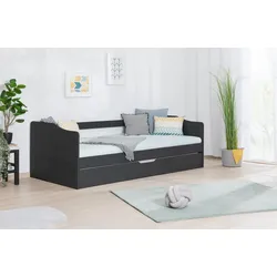 Funktionsbett TICAA "Melinda, Daybett, Jugendbett, 2 Schlafplätze, Schublade auf Rollen", grau (kiefer massiv anthrazit), B:96cm L:204cm, Kunststoffrollen, Daybetten, FSC-zertifizierte Kiefer, 2 Rollroste, Massivholz