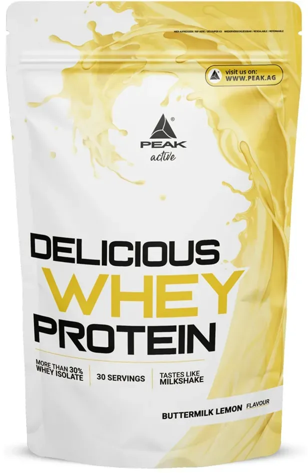 PEAK Delicious Whey Protein - 900g - Geschmack Buttermilk Lemon I 30 Portionen I Pulver I Proteinquelle: Molkenprotein Konzentrat + Isolat I ohne Zuckerzusatz I mit Verdauungsenzym Laktase