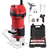 TEENO Holzfräse Oberfräse 800W 31000 U/min mit Staubabsaugungsanschluss, Elektrik Kantenfräse Mit 15 Stück 1/4" Fräsen Cuter Mit Spannzange 6MM, 6.35 MM, Für die Holzbearbeitung