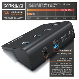 Primewire - 4 Port USB 3.2 Gen.1 Hub Aktiv - 4 Port Verteiler mit Netzteil - USB 3.0 USB 3.2 Gen.1 Datenhub - für PC Notebook Laptop Ultrabook Tablet