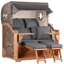 Mr. Deko MR. DEKO® Strandkorb Baltikum 2,5-Sitzer Teak | PE Geflecht Grey | Volllieger Strandkörbe aus Teakholz mit 2 Bullaugen & Fußablagen | Polster mit 4 Kissen | Strandstuhl (Dessin 500)