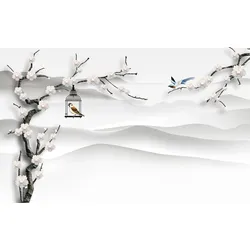 Fototapete PAPERMOON "Ast mit Vogelkäfig", bunt, B:3,50m L:2,60m, Vlies, Tapeten