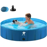 Fwiull Hundepool für Große & Kleine Hunde, Faltbarer Hunde Planschbecken 160 * 30CM Hundebadewanne Stabiler Swimmingpool Haustier Kind Schwimmbecken rutschfest Tragbar Blau