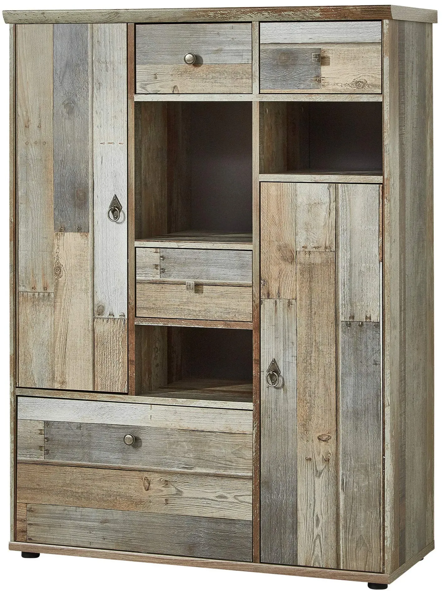 Stella Trading Bonanza Vintage Highboard in Driftwood Optik - ausdrucksstarkes Retro Highboard mit viel Stauraum für Ihren Wohnbereich - 99 x 133 x 39 cm (B/H/T)