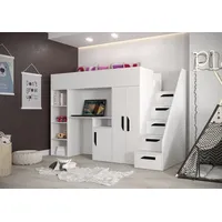 Unique Home Hochbett Kinderbett PAR 14, Inkl. Schreibtisch, Kleiderschrank und Treppe