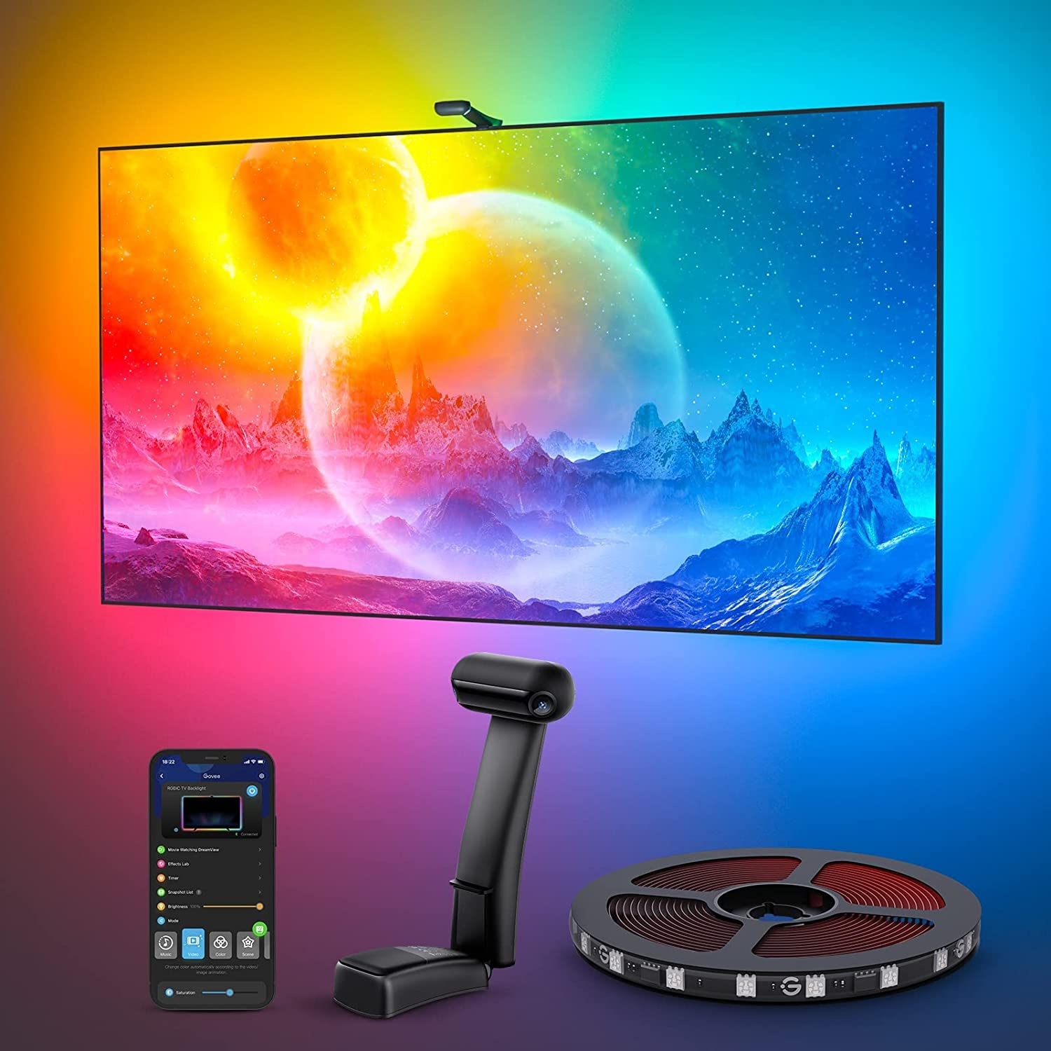 Govee Envisual TV Hintergrundbeleuchtung T2 mit Dual-Kamera für 75-85 Zoll Fernseher und PC, RGBIC WiFi LED Strip kompatibel mit Alexa und Google Assistant doppelte Lichtperlen, für Deko