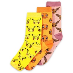 DIFUZED Kostüm Pokémon – Pikachu/Glumanda/Evoli Socken 3er-Pack, Drei Paar Socken mit beliebten Pokémon im Geschenkkarton gelb
