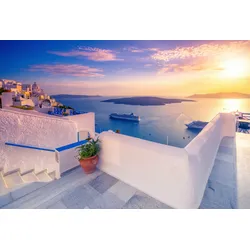 Fototapete PAPERMOON "TERRASSE-SANTORINI SEE MEER STRAND PALMEN DÜNEN SCHIFFE", bunt, B:3,50m L:2,60m, Vlies, Tapeten