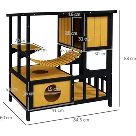PawHut Katzenhaus aus Holz mit Hängebrücke für 1-2 Katzen bis 5 kg Gelb 84,5 x 60 x 88 cm