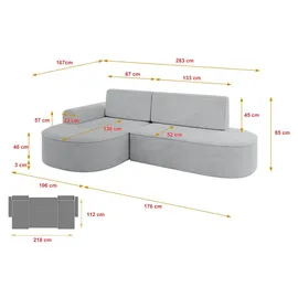 altdecor Eckcouch Samt mit Schlaffunktion 2-Sitzer Grau