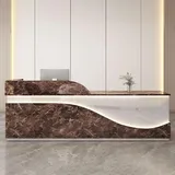 GUQASDV Reception Table, Empfangstheke Rezeption, Reception Desk Salon, Empfangstresen Holzwerkstoff mit Lichtstreifen für Lobby, Schönheitssalons(Brown Texture+White,1.4m)