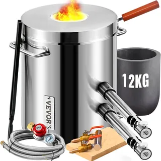 Vevor Schmelzofen Propan Metall Schmelzofen 12 kg, Edelstahl Schmelzofen Gas 1482 °C inkl. 2 x Brenner, 1 x Tiegel, Schmiede Messerherstellung Schmiedeset für Kupfer, Aluminium, Gold, Silber usw.