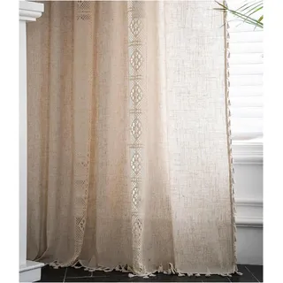 SAYT RLAE Vorhang Boho Halbverdunkelungs Vorhänge Beige Leinen Gardinen mit Quaste und Häkeln Stricken Vertikale Streifen Makramee für Wohnzimmer Landhaus Vintage Landhausstil, 1 Stück, B150xH240cm