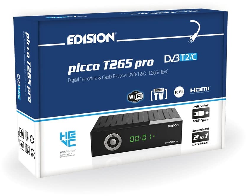 Edision Picco T265 pro Terrestrischer & Kabel Receiver DVB-T2/C H265 HEVC FTA Full HD PVR, USB, HDMI, SCART, S/PDIF, IR-Auge, USB WiFi Support, Universal 2in1 Fernbedieung, 2in1 Netzteil Schwarz