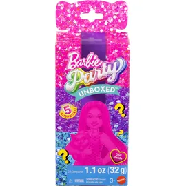 Barbie Party Unboxed Glam Party Serie mit 6 Überraschungen, einschließlich Haustier und Farbwechsel (Stile können abweichen), JFY04