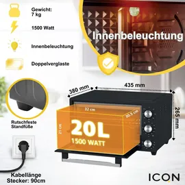 ICQN Minibackofen 20L, Pizza-Backofen, Ober-/Unterhitze mit Umluft-Funktion, 5 Grill-Funktion, 90 Min. Timer, 1500 W, Mini Oven, 80°-240°C, Backblech/Grill/Krümelblech und Blechhalter, Schwarz