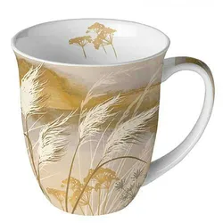 Tasse 10cm Porzellan mit Gräser & Blüten Motiv - 0,4L Keramiktasse Porzellangeschirr Kaffeetasse Teetasse Kakaotasse Naturmotiv Porzellantasse Beige