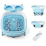 HOMASIS Zusammenklappbares elektrisches Fußbad mit Massage, Rollen und Blasen, Fußbad mit Timer und Fernbedienung, Grau/Blau (Blau)