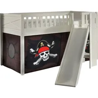 Vipack Hochbett Scott, Spielbett, Kiefer massiv weiß lackiert, mit Rolllattenrost (B/H/T ca. 207,6x114x203,7cm, Kopf-/Fußteil mit Fräsung, stabil gebaut) mit Rutsch-/Leiterturm, LF 90x200 cm, inkl. Vorhang, 7 Designs weiß