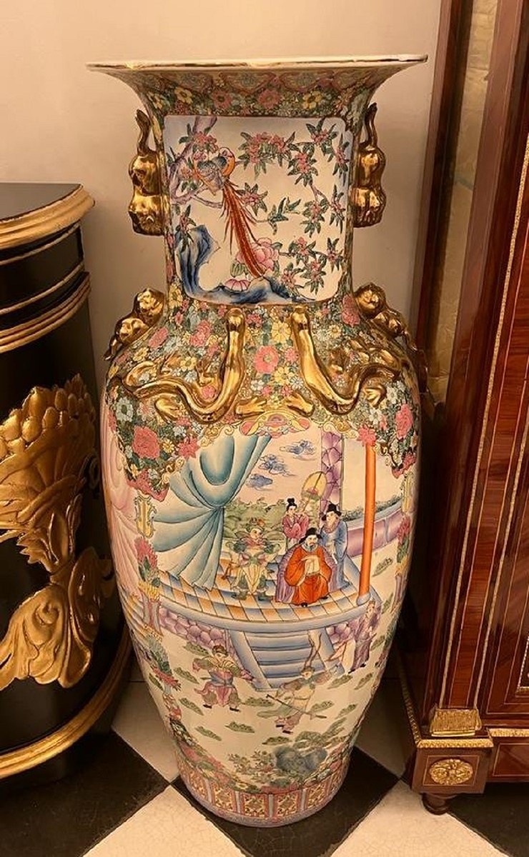 Casa Padrino Luxus Barock Deko Vase Weiß / Mehrfarbig / Gold Ø 43 x H. 124 cm - Antike Chinesische Porzellan Vase - Chinesische Luxus Barock Deko Accessoires