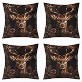 Homewish 3D Hirsch Set von 4 Kissenbezüge für Erwachsene Teens,Brauner Elch Geweih Kissenbezüge,Kegel Kiefer Wurf Kissenbezüge,Wald Safari Tier Dekorative Kissenbezüge Reversibel,45x45cm Raum Dekor