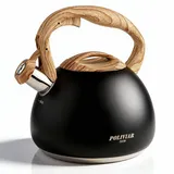 Poliviar Moderne Wasserkessel Induktion Pfeifkessel aus Edelstahl, Teekessel für alle Kochplatten, Flötenkessel mit Holzgriff, Wasserkocher für Tee Kaffee, ca 2.7L, Schwarz (JX2018-WB20-DE)