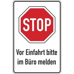 Parkplatzschild, STOP - Vor Einfahrt bitte im Büro melden, 900x600mm, Alu glatt - 600x900x2 mm Aluminium 2 mm
