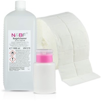 NAILS FACTORY | N&BF Nagel Cleaner Set 1000ml | Dispenser Pumpflasche | 1000 Zelletten Cellulose Pads (2 Rollen à 500 Stück) | 70% Isopropanol-Alkohol isopropylalkohol 1L | für Gelnägel | (Rosa 150)
